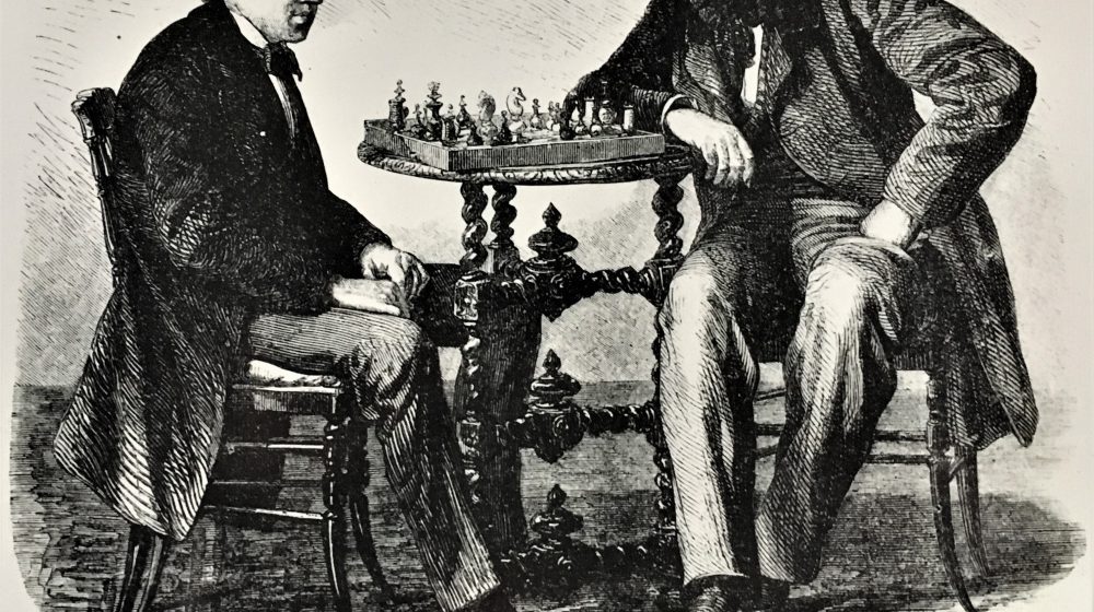 A black and white sketch of two men playing chess